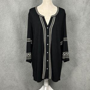 J Jill Embroidered Tunic Button Blouse Top 3/4 Sleeve Sz 2X Cotton Tencel Blend